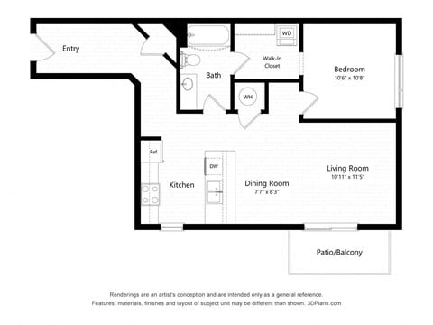 Floor plan for 1 bed, 1 bath, 805 sqft